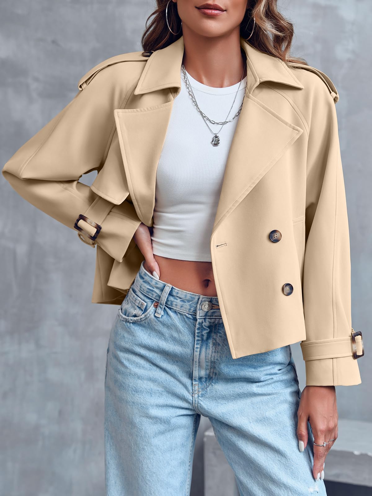 Saodimallsu Women Crop Double Breasted Trench Coat Raglan Sleeve Work Office Cropped Jacket With Pockets
