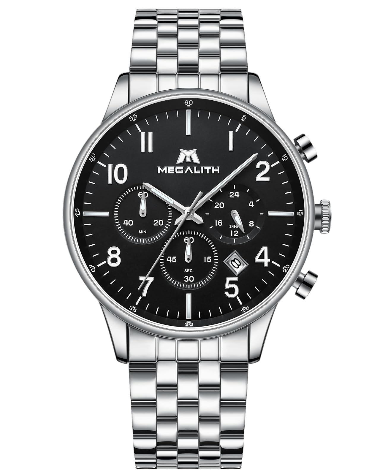 MEGALITH Chronograph Watches Men's Analogue Watch Silver Black Men's Watch Stainless Steel Bracelet Watch Men for Gift
