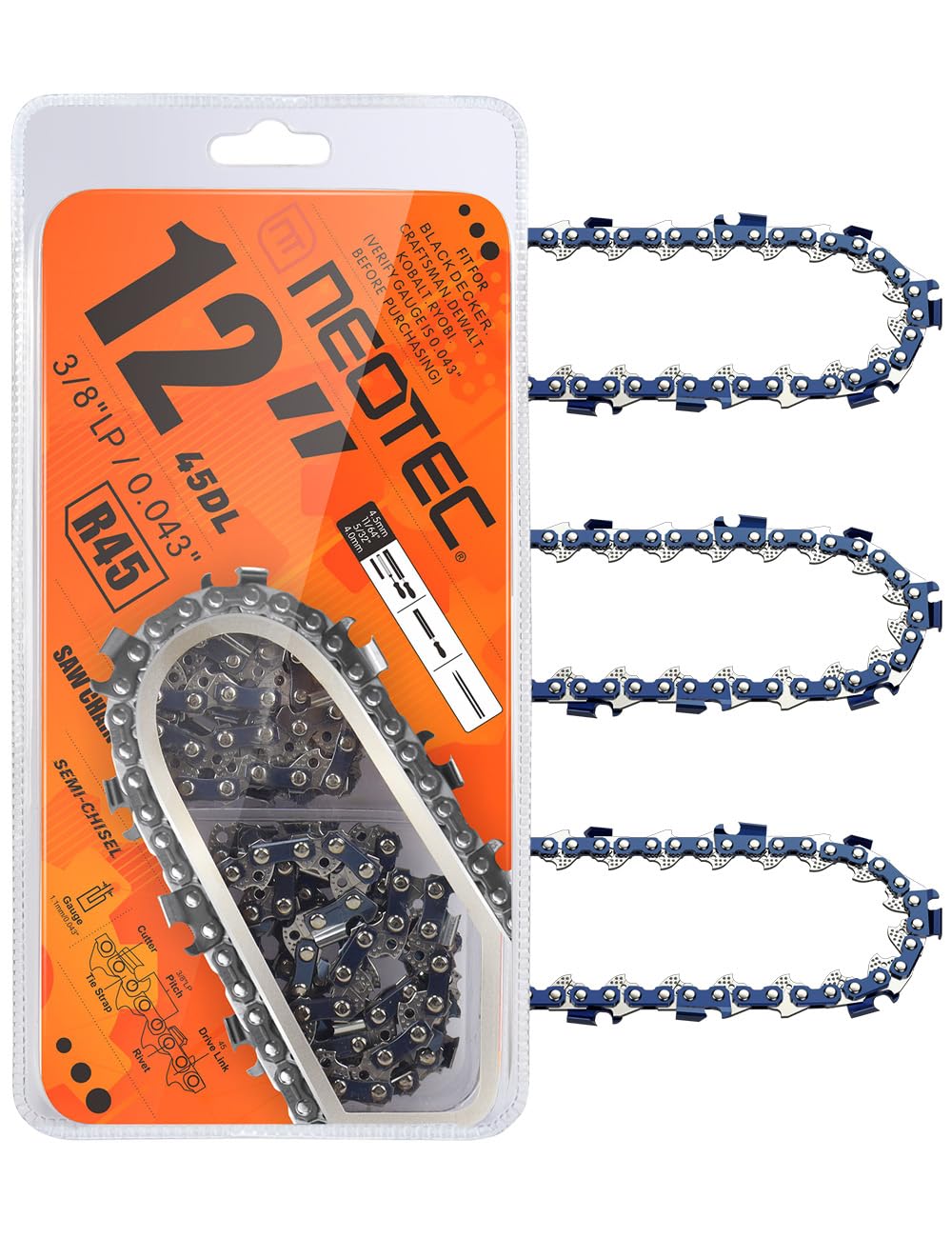 12 Inch Chainsaw Chain, 3/8"LP Pitch,0.043" Gauge 45 Drive Links R45 Chain Fits for Dewalt Craftsman Makita and more（3chains） Image