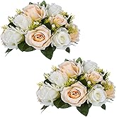 NUPTIO Artificial Flower Centerpieces for Tables: Peachy Champagne & White Flower Ball Arrangement for Wedding Party - 2 Pcs 9.5 Inch Diameter Floral Rose for Bridal Shower Decor
