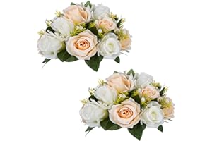 NUPTIO Pcs of 2 Fake Flower Ball Arrangement Bouquet,15 Heads Plastic Roses with Base, Suitable for Our Store's Wedding Centerpiece Flower Rack for Parties Valentine's Day Home Décor (Champagne & White)