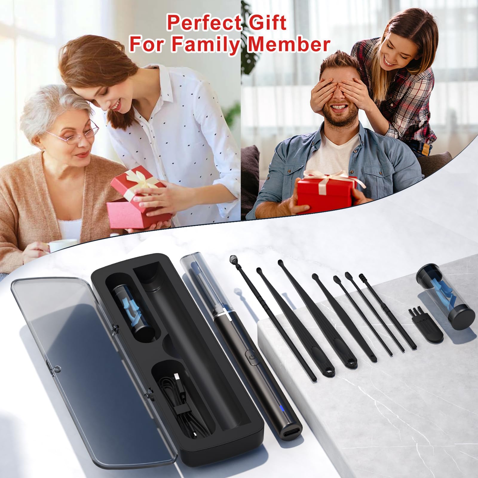 Ear Wax Removal, Ear Cleaning kit with 1296P Camera, Ear Camera with 6 LED Lights, Earwax Remover Tool for iPhone, iPad & Android, Ear Cleaner Earwax Removal Kit Black