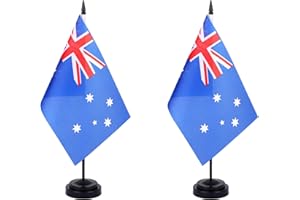 JBSJBS Australia Desk Flag 12" Solid Pole Deluxe Set Australian Flags Banner Mini Small Australia Office Table Flags with Black Stand Base Desktop Decorations(2Pack)