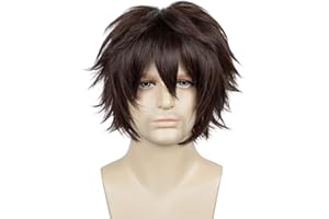 LABEAUTÉ Mens Short Dark Brown Cosplay Wig Male Unisex Fluffy Heat Resistant Wig Hair for Party and Halloween for Gift + Free Cap