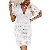 Kaximil Women's Crochet Bathing Suit Cover up Short Sleeve Beach Dress Swimsuit Coverup Swimwear