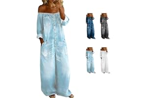 Off Shoulder Denim Jumpsuit for Women, Sexy Button Down Wide Leg Romper, Casual Summer Jean Overalls with Pockets, S - 3XL
