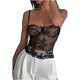 MakeMeChic Women's Floral Lace Cami Top Mesh Sheer Spaghetti Strap Ruffle Trim Bow Knot Camisole