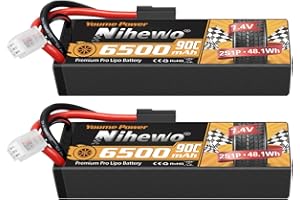 Nihewo 2S Lipo Battery 2Packs 7.4V RC Lipo Battery Pack 6500mAh 90C Hard Case with TX Plug + EC5 Adapter Compatible with 1/8 and 1/10 RC Truck Vehicles Car Truggy Buggy Racing Models
