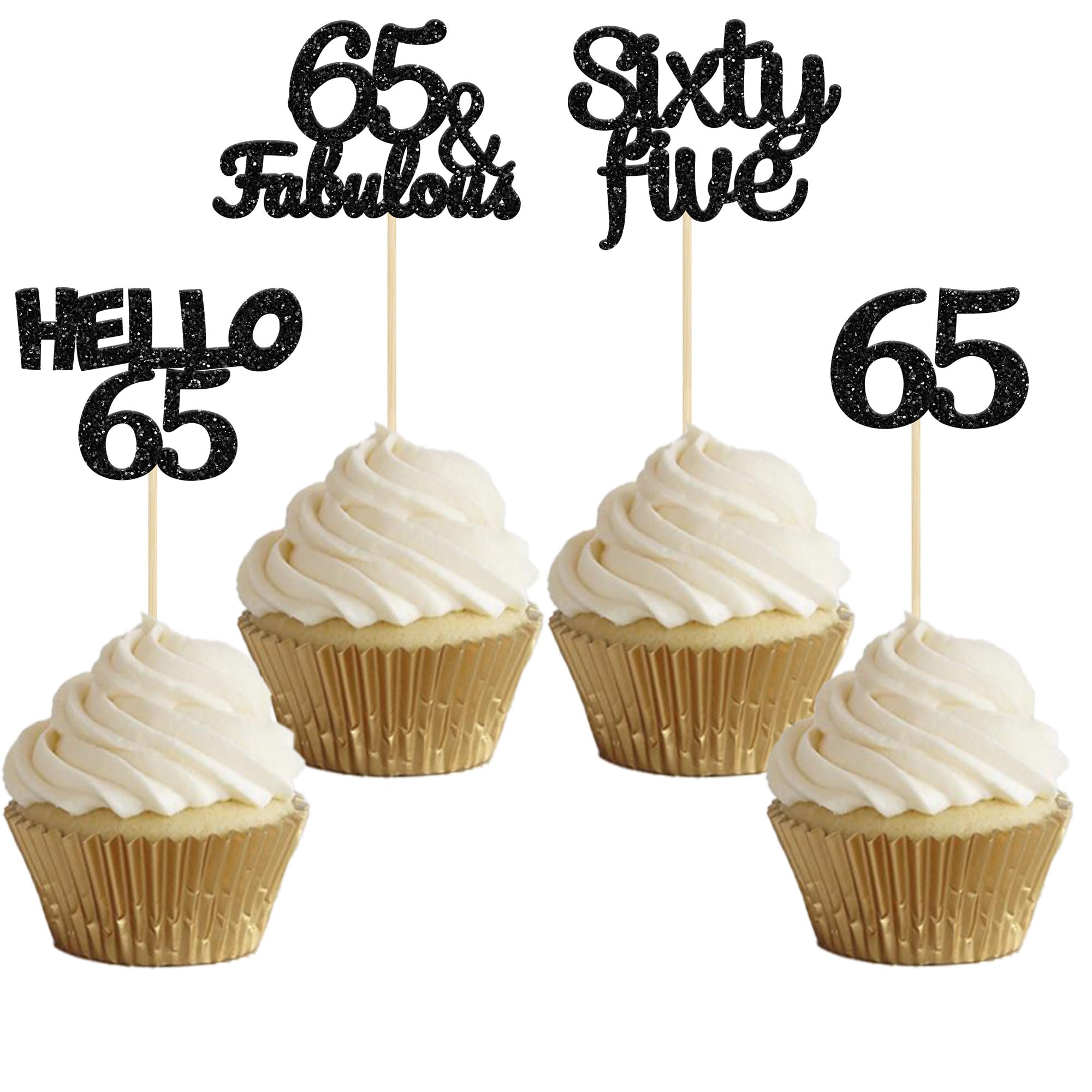 Gyufise 24Pcs Black Glitter 65th Birthday Cupcake Toppers Hello 65 Sixty Five Cake Toppers 65 & fabulous Cupcake Picks for 65th Birthday Cake Decorations Supplies