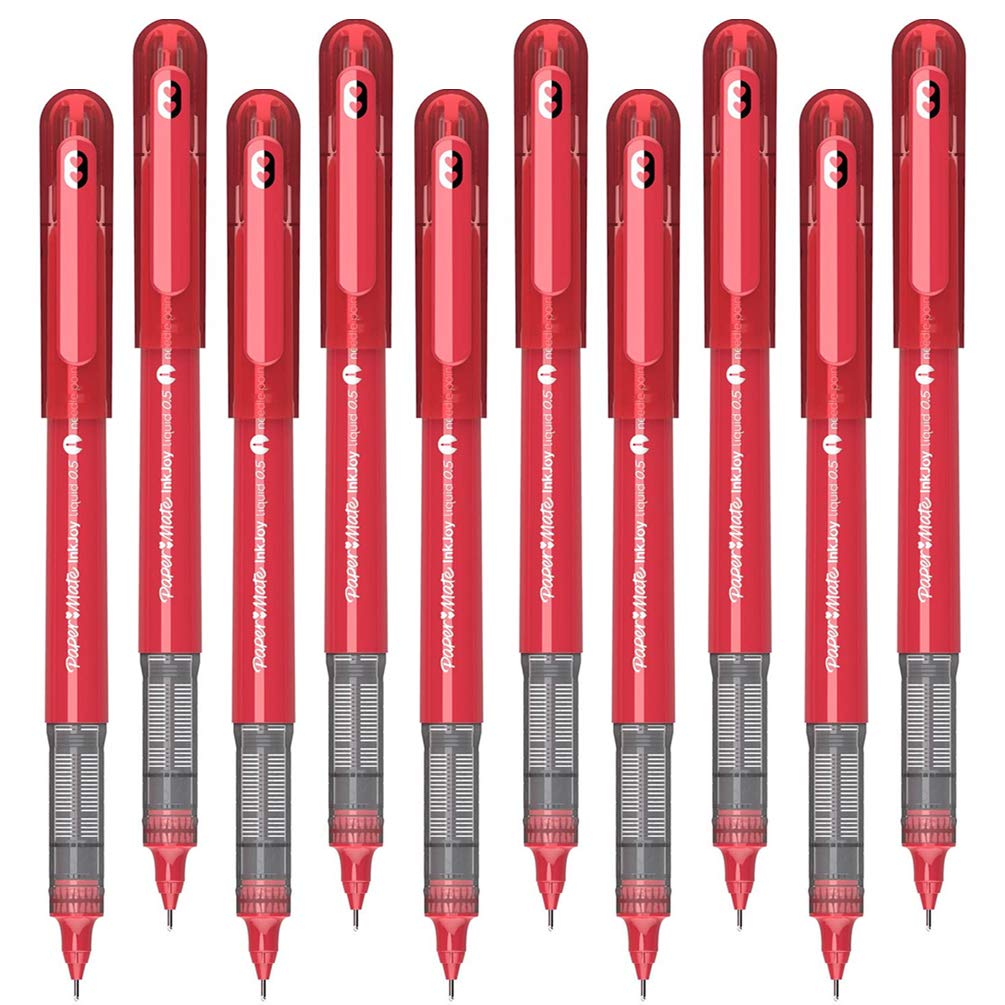 10 x Papermate InkJoy Liquid Ink Rollerball Capped Stick Pens - 0.5mm Fine Needle Nib, Red - Loose in Plain Packaging