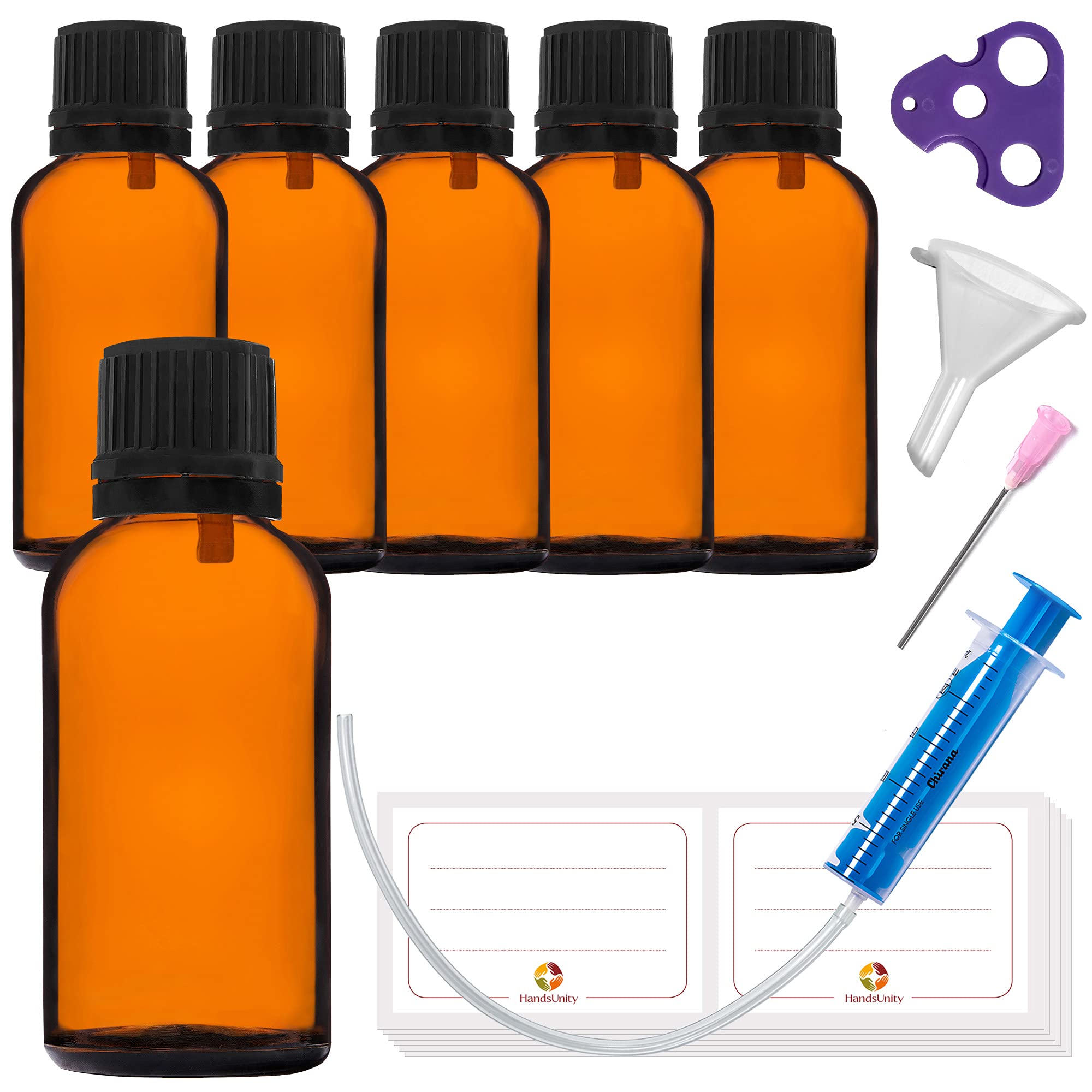 HandsUnity 30ml-6pcs Dropper Insert Bottle Small Amber Glass Bottle – Apothecary Glass with Black Dropper Insert Cap made of Brown Glass set including 18 auxiliary Accessories