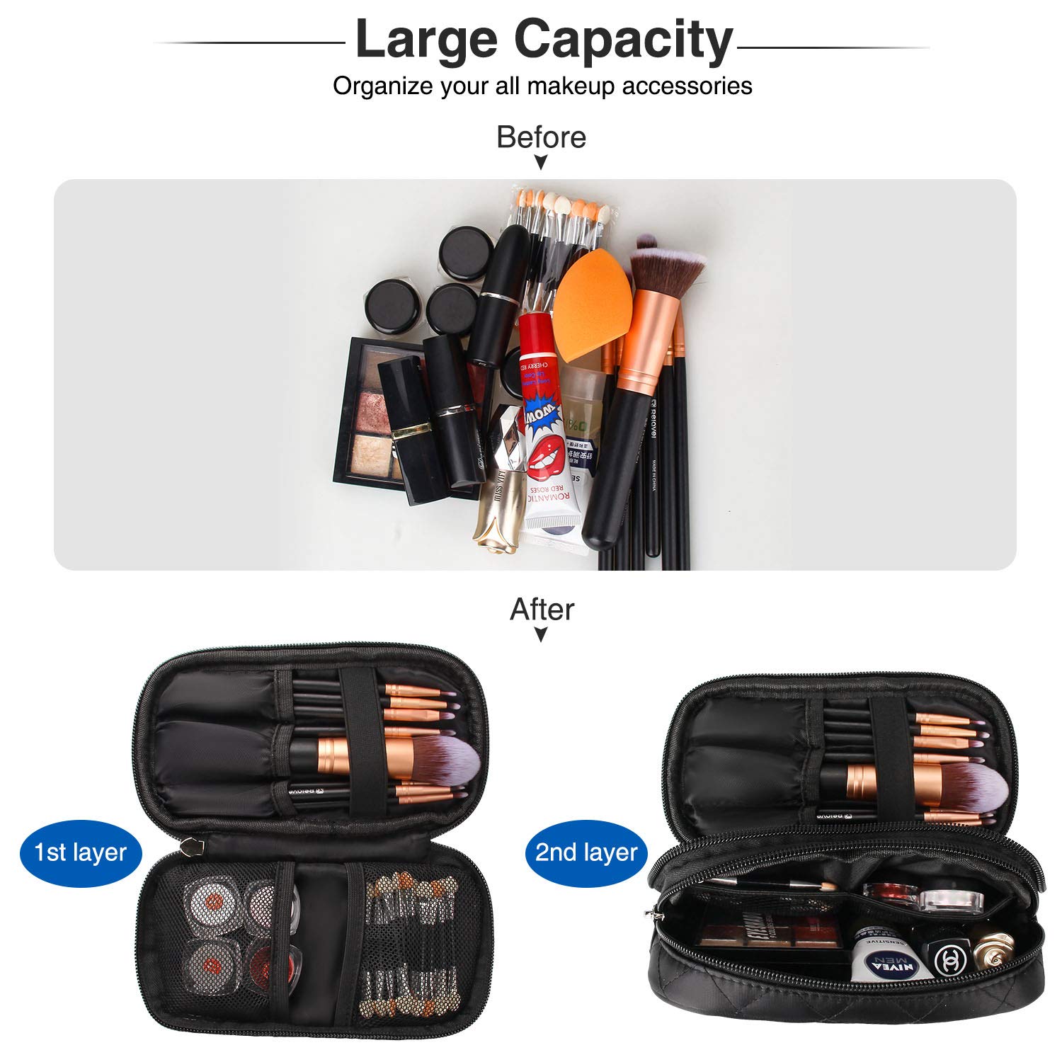 MONSTINA Makeup Bag for Women With Mirror, Pouch Bag, Makeup Brush Bags Travel Kit Organizer Cosmetic Bag (Black) : Beauty