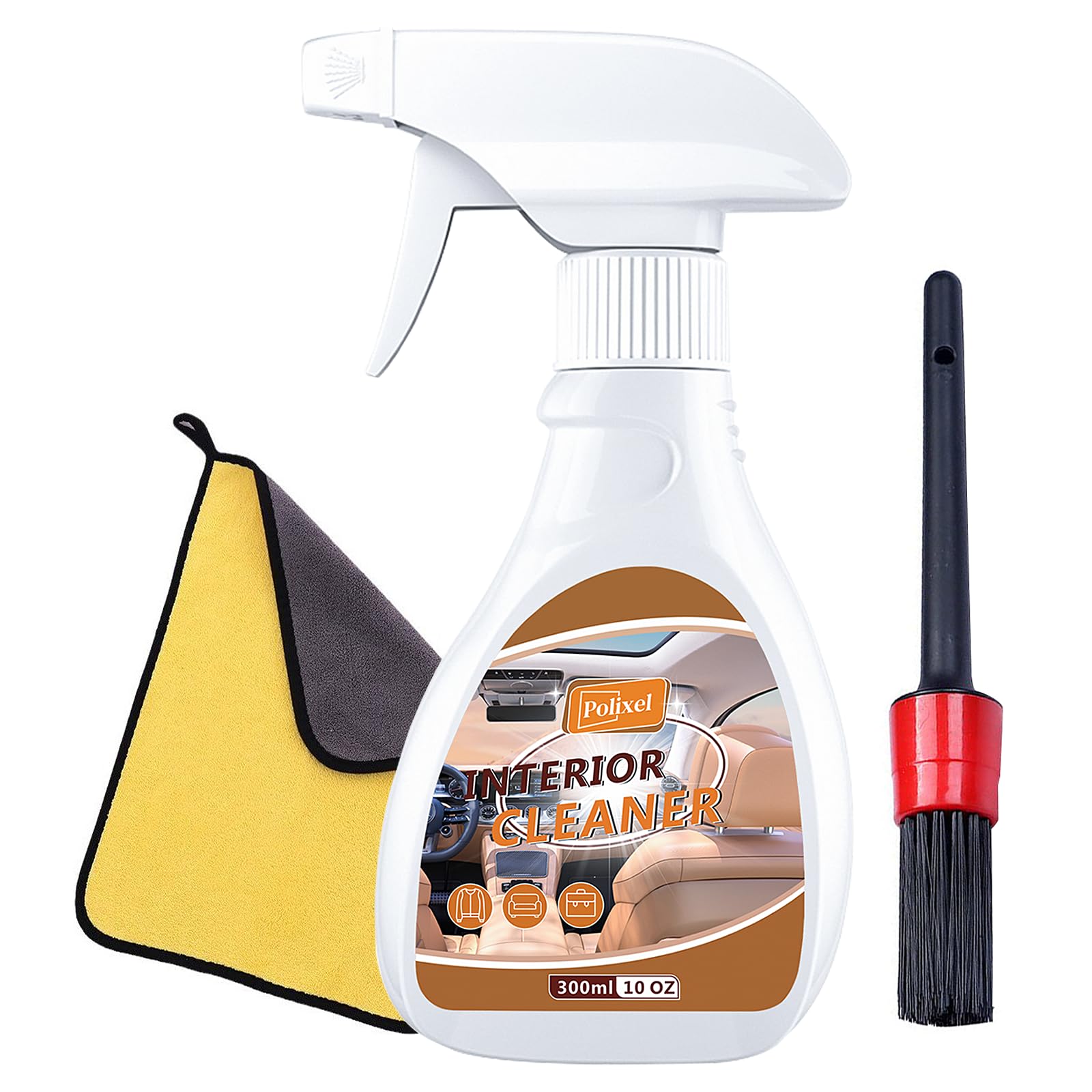 POLIXEL Car Interior Cleaner, Total Interior Detailing Spray for Dashboard, Seats, Carpet, Leather & Plastics with 1x Microfiber Towel & 1x Detailing Brush - 10oz/300ml