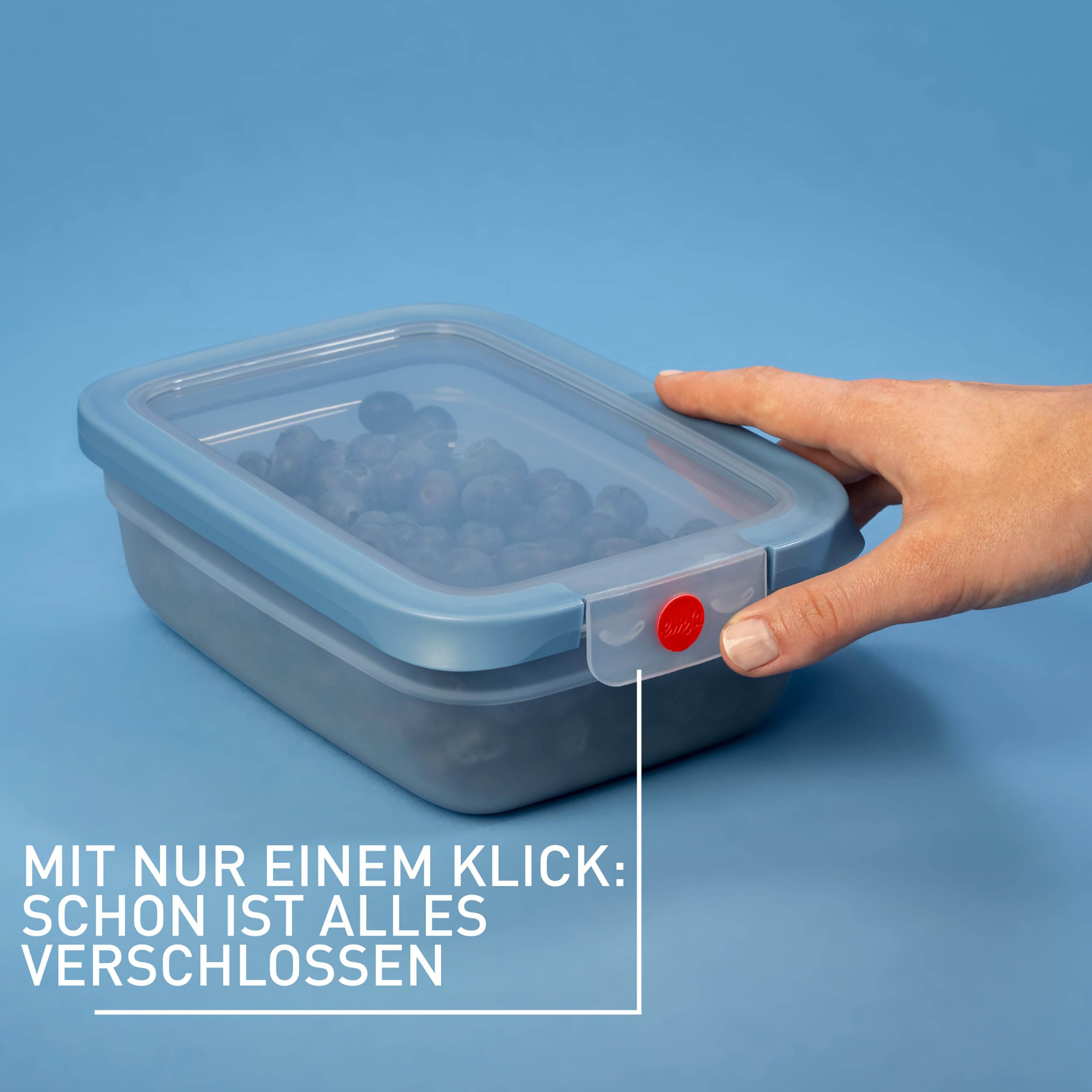 Emsa oneClick Frischhaltedosen, 5-teiliges Set, 2x0,5, 2x1,2, 1x2,3L, 100 Prozent dicht, Made in Germany, gefrier-, mikrowellen- und spülmaschinengeeignet, platzsparend, blau, N1230900 3