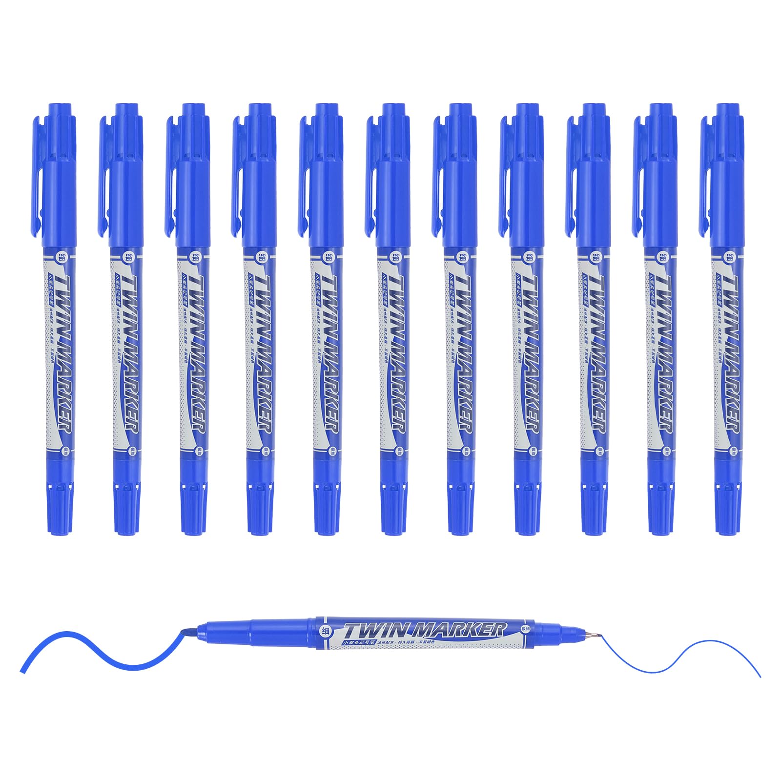 M&G Permanent Twin Markers Dual Ultra Fine Point Tip(1.5mm+0.5mm), 12 Pack Quick Dry Waterproof Fiber Tip Pens for Paper, Glass, Plastic, Wood, Stone, Metal Surface, Blue