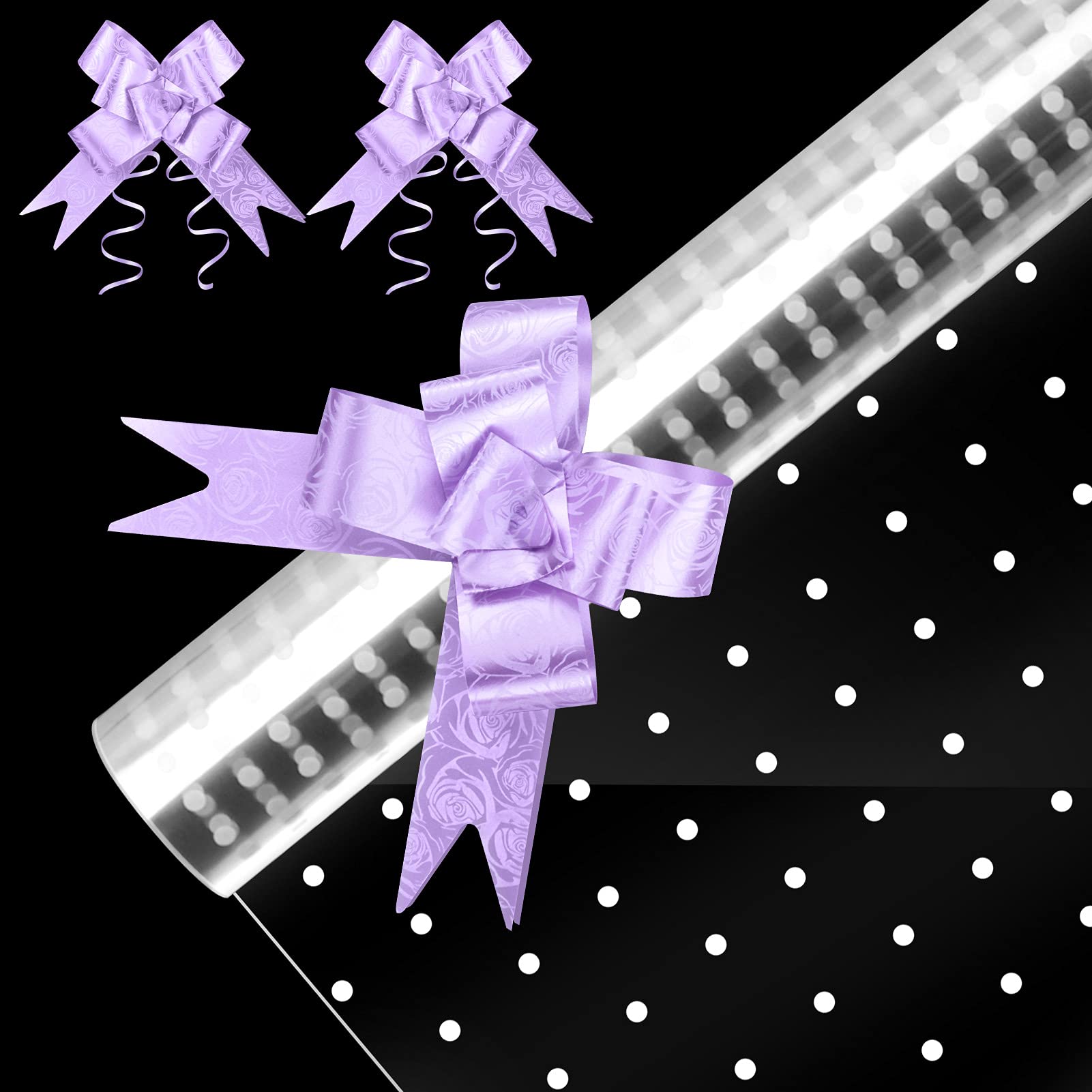 30M*40CM Cellophane Wrap Flowers White Dot Cellophane + 10Pcak Purple Ribbon Bows for Present Gift Wrapping Paper Hampers Bouquet Fruit Gift for Birthday Party