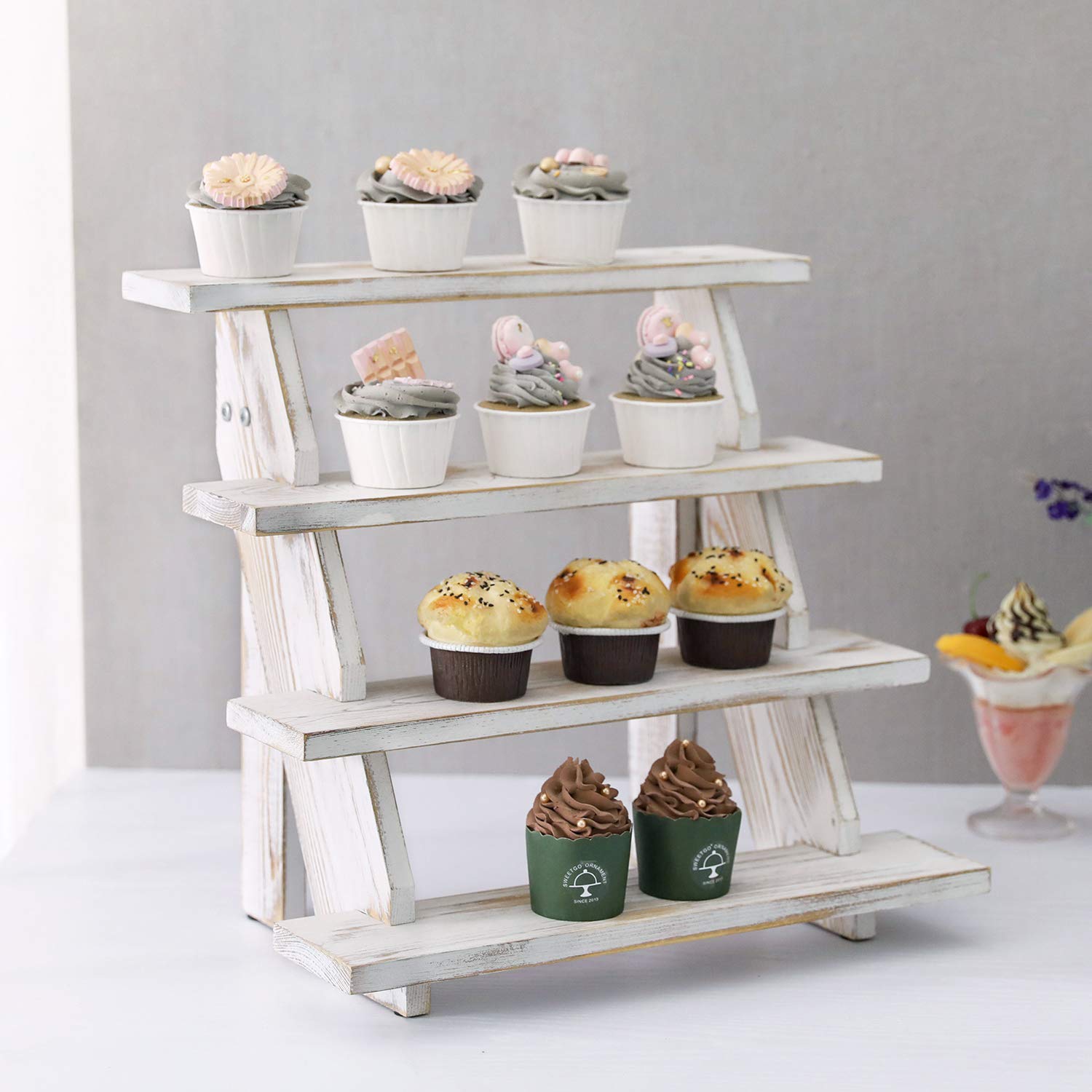 Photo 1 of MyGift 4 Tier Shabby White Washed Solid Wood Cascading Collectible Figurine Display Riser, Countertop Stair Step Shelf Spice Rack or Cupcake Dessert Stand, 15.5" x 14"