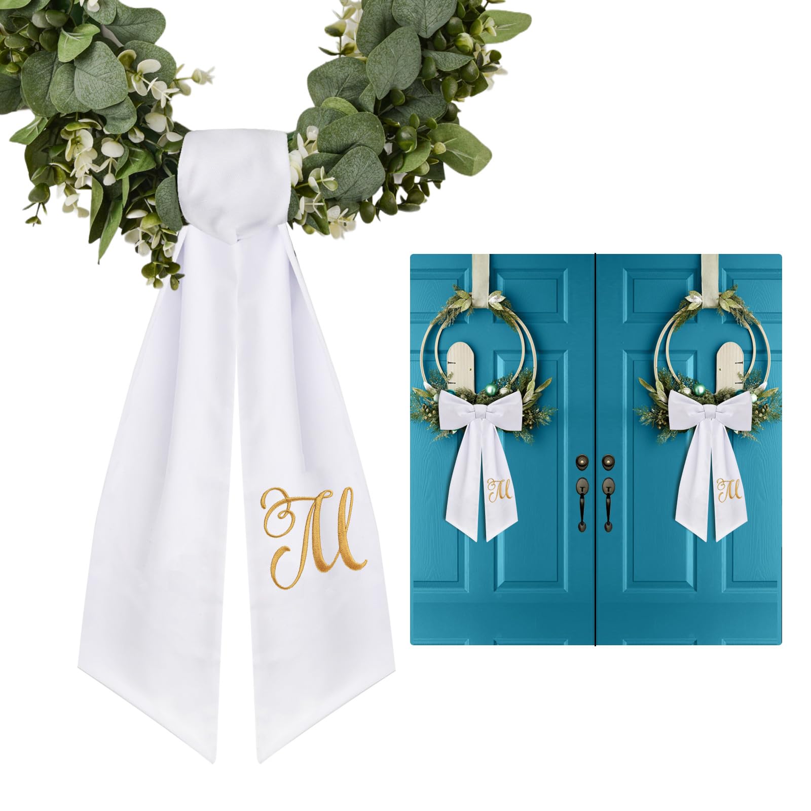Photo 1 of 2 Pack Wreath Sash for Front Door Monogrammed Embroidery Wreath Sash for Boxwood Front Door Porch Wreath Garland Decor(Letter M)
