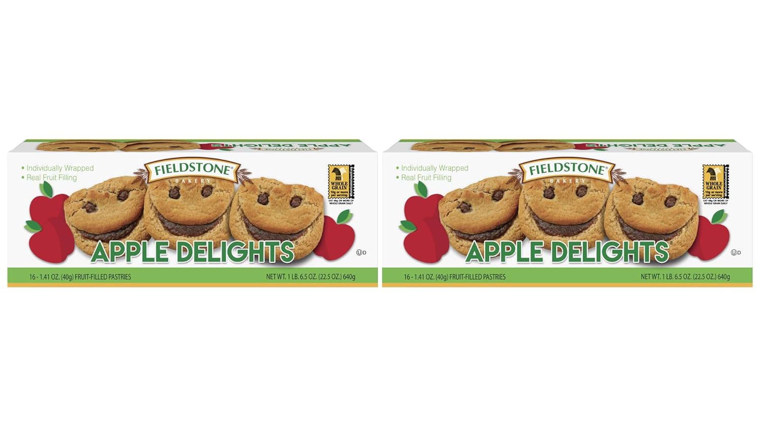 Fieldstone Bakery Whole Grain Apple Delights with Real Fruit Filling, 2 Boxes, 32 Individually Wraped Pastries