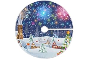 MFTJYO Christmas Tree Skirt 36 Inch Snowman and Christmas Tree Under Fireworks Xmas Tree Mat Christmas Decorations for Xmas Happy New Year Holiday Indoor Party Burlap Tree Skirt Small Ornament