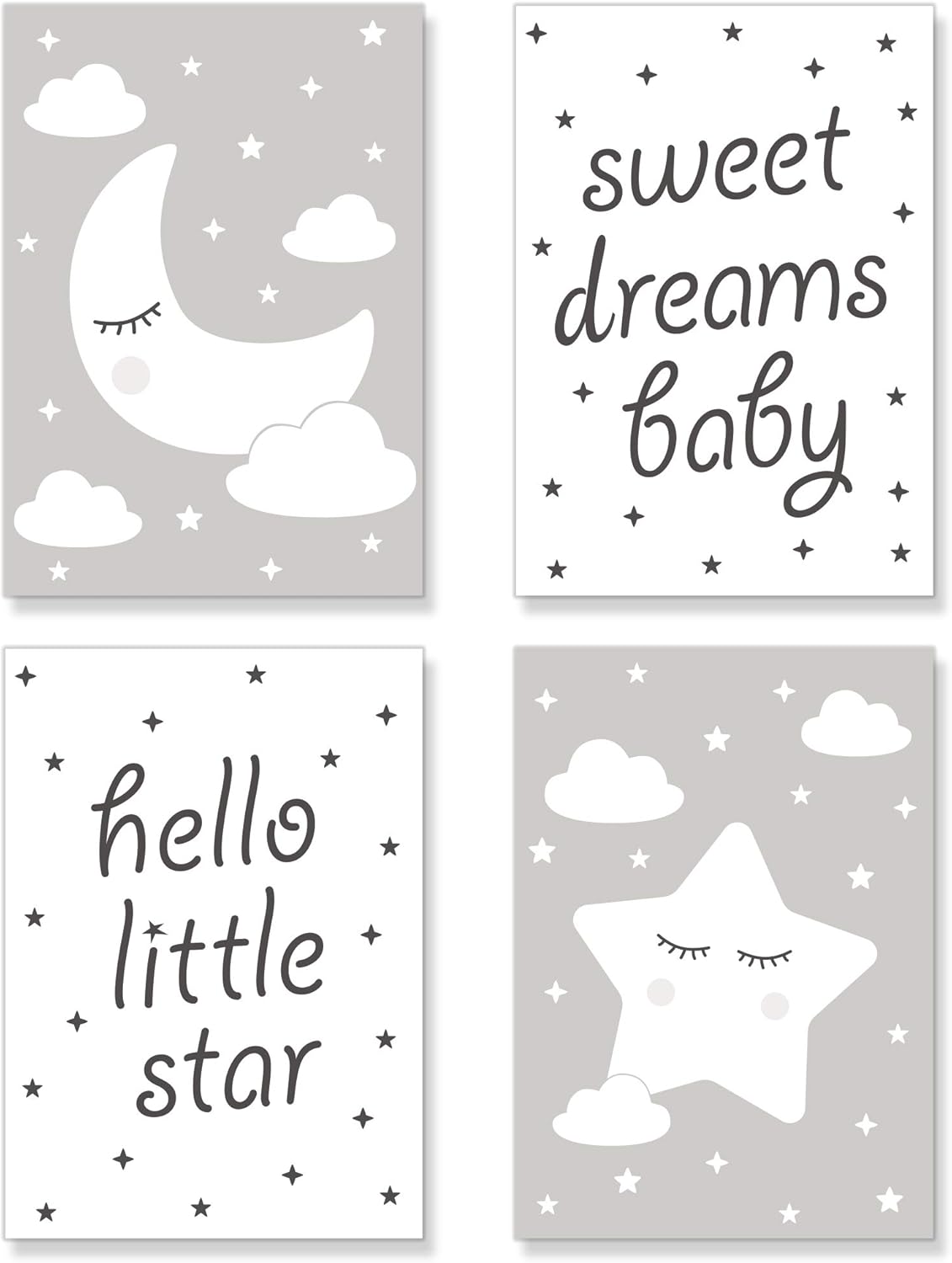 PREMYO Wall Art Prints Nursery Decor - Baby Room Decoration Girl Boy - Kids Poster Set Star Moon Cloud Grey A4 Size