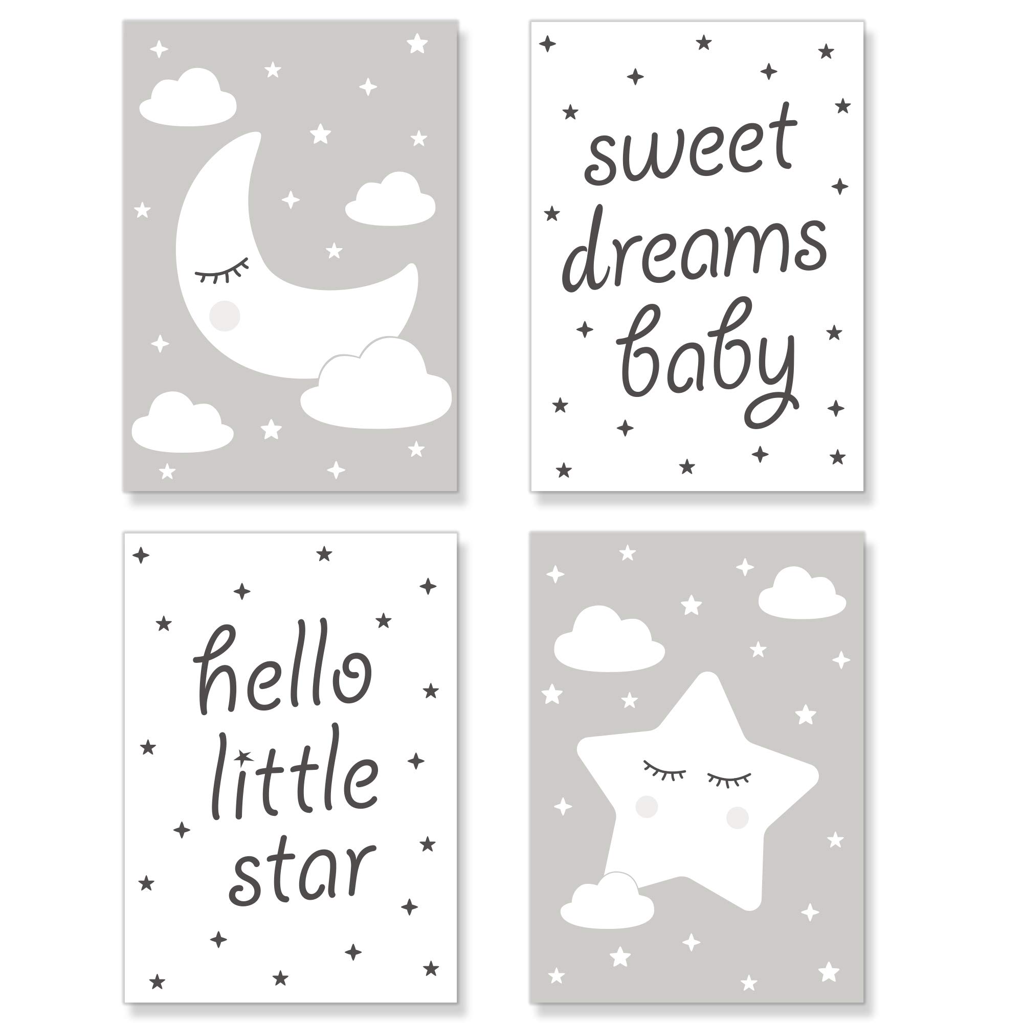 PREMYO Wall Art Prints Nursery Decor - Baby Room Decoration Girl Boy - Kids Poster Set Star Moon Cloud Grey A4 Size