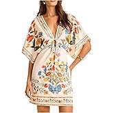 Floerns Women's Boho Print Short Sleeve Mini Dress Deep V Neck Cut Out Beach Vacation Dresses