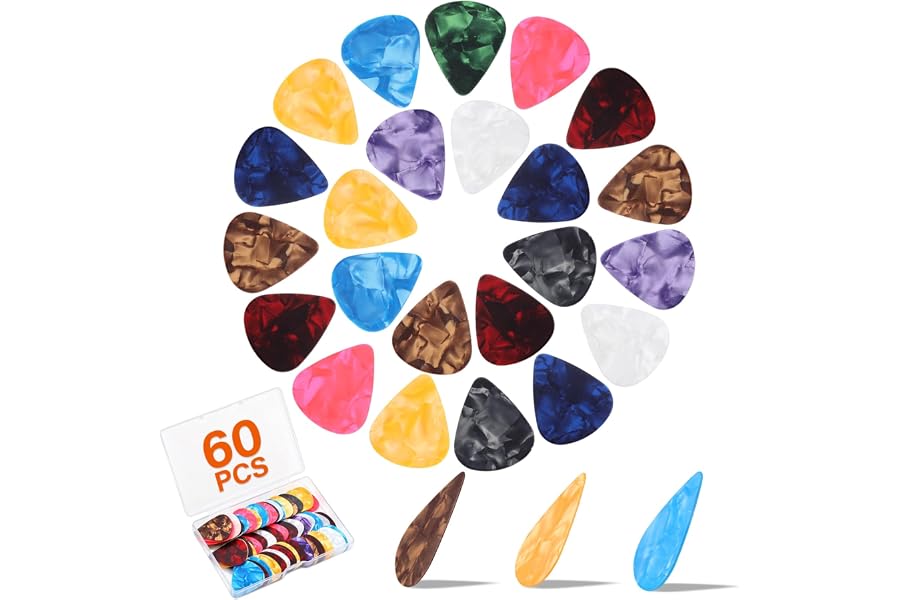 60 Pack Guitar Picks, 3 Different Thickness Electric Guitar Pics | Thin Medium Heavy Guitars Picks for Electric Guitars, Bass, Ukulele 0.5mm, 0.75mm, 1mm
