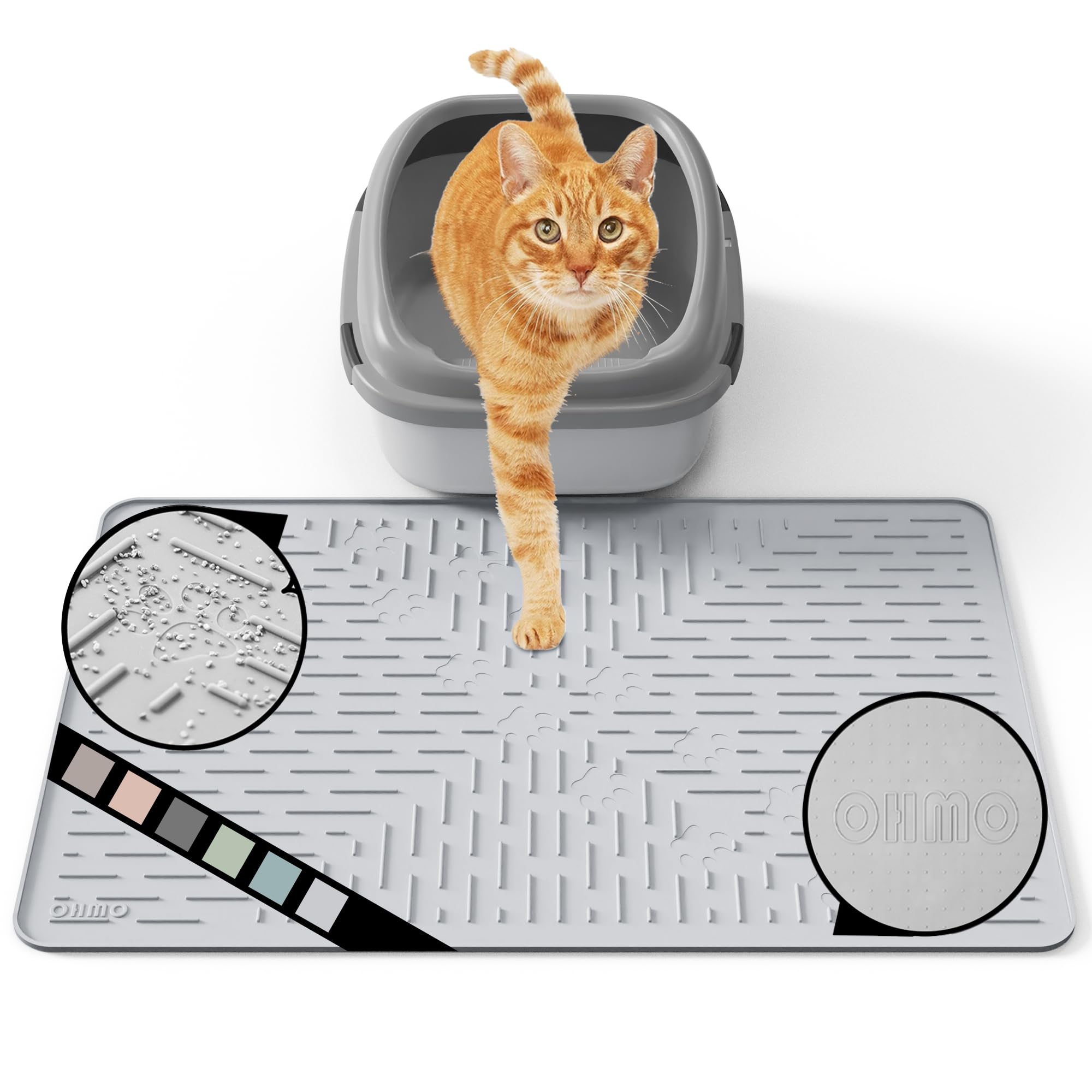 OHMO Cat Litter Mat 60 x 40 cm Light Grey Premium Silicone Trapping Mat, Easy to Clean Waterproof Kitty Under Box Trapping Mat, Keep The Floor Tidy