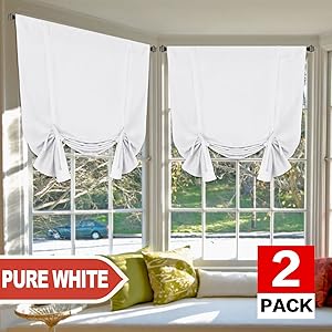 H.VERSAILTEX Pure White Curtains Thermal Insulated Tie Up Window Shade Light Reducing Curtains for Kitchen, Rod Pocket 2 Panels- 42" Wide by 63" Long