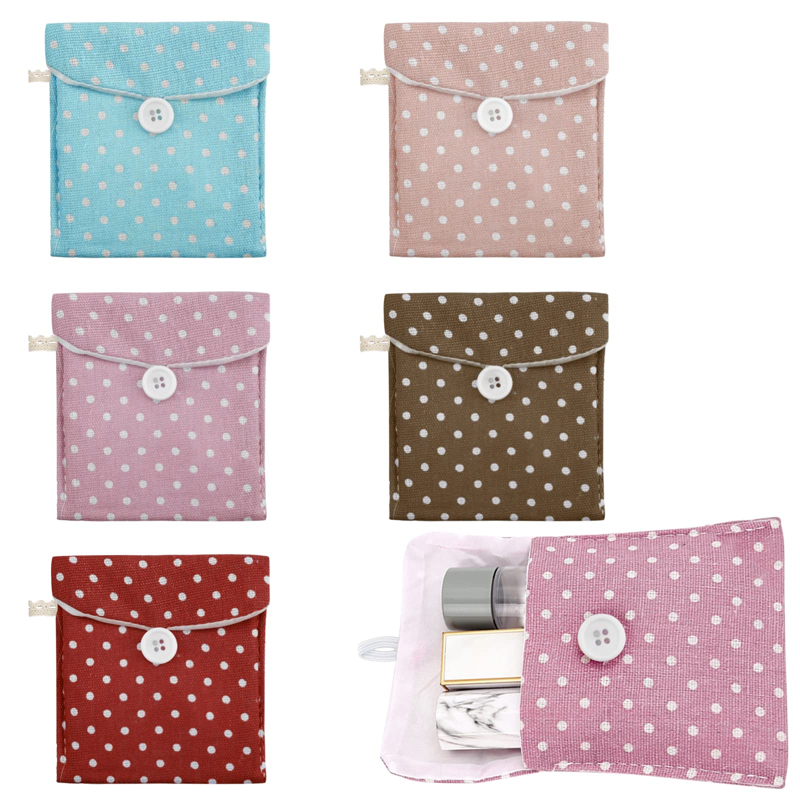 5 Pack Polka Dot Sanitary Napkins Bag Portable Travel Sanitary Pad Cute Polka Dot Pattern Mini Cotton Storage Pouch Cosmetics Organizer for Women and Girls (5 Colors)
