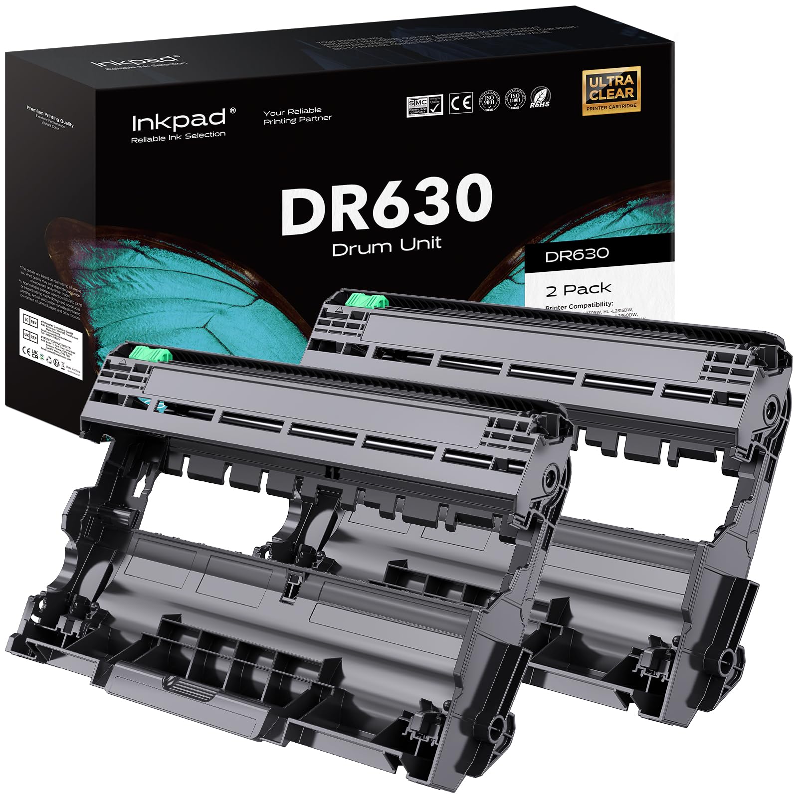 Photo 1 of iNKPAD DR630 Drum Replacement for Brother DR-630 DR630 Compatible with MFC-L2700dw MFC-L2705DW HL-L2300D HL-L2340DW HL-L2360DW HL-L2380DW DCP-L2520DW DCP-L2540DW Printer (2 Black, Not Toner)