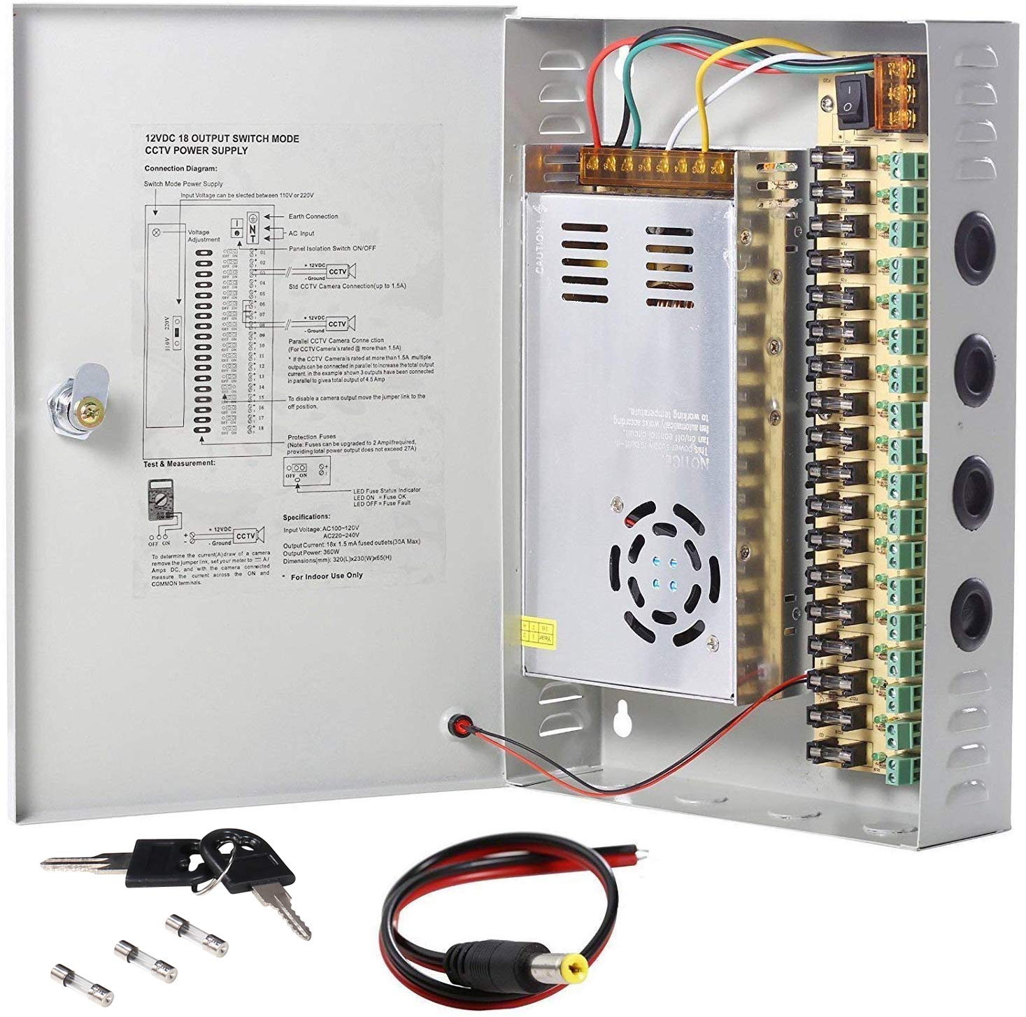 UHPPOTE 18CH Channel Power Supply Switch Box CCTV Camera Distribution DC12V 30A Output