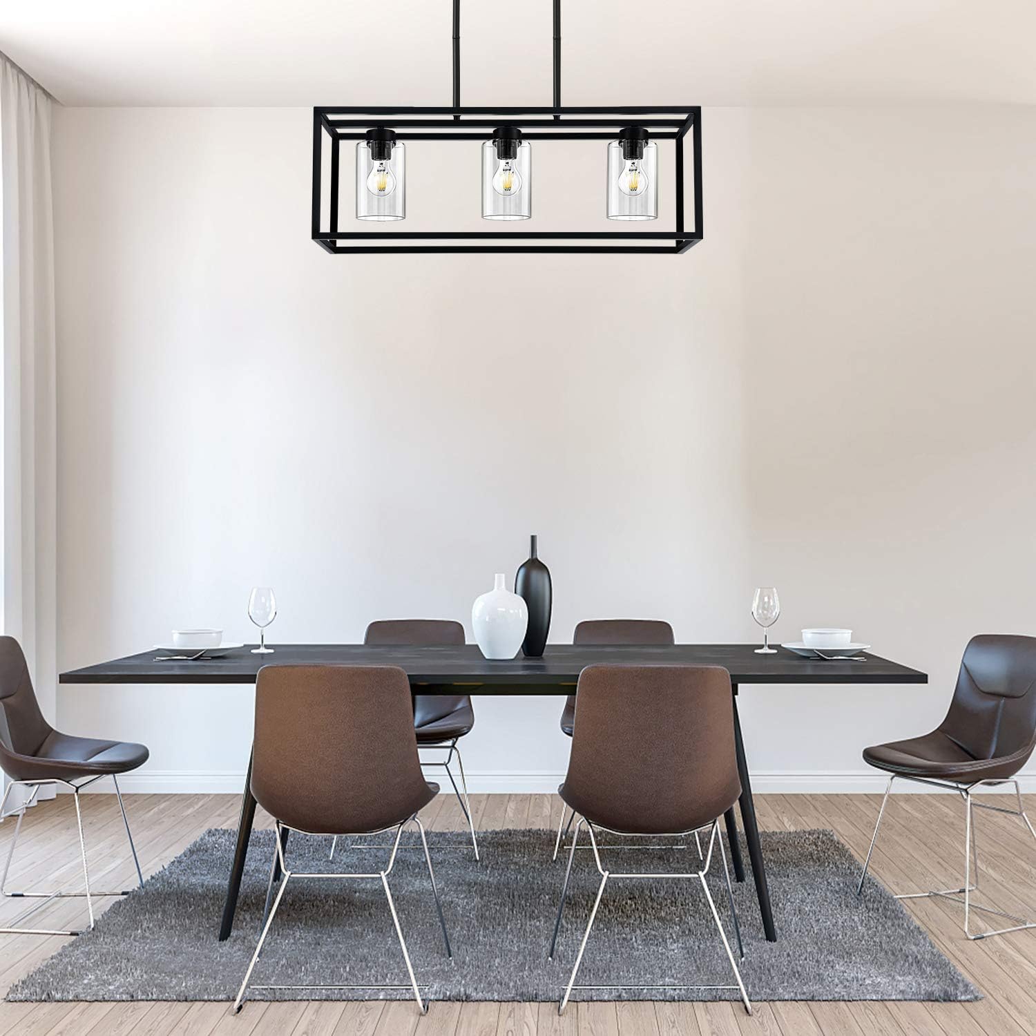 KEDSUM 3 Lights Farmhouse Kitchen Island Lights, Modern Chandeliers Rectangle Black Pendant Lighting for Dinging Room, Hanging Linear Cage Island Lighting with Clear Glass Shade and Adjustable Rods - - 