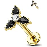 Cocharm G23 Titanium 16g Flat Back Helix Tragus Earring Stud - Gold Black Triple Floewr Threadless Cartilage Piercing Jewelry