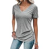 Gradient V-Neck Shirts Women Buttons Decor Ruched Tee Top Summer Casual Dressy Loose T-Shirt Country Concert Party Shirt