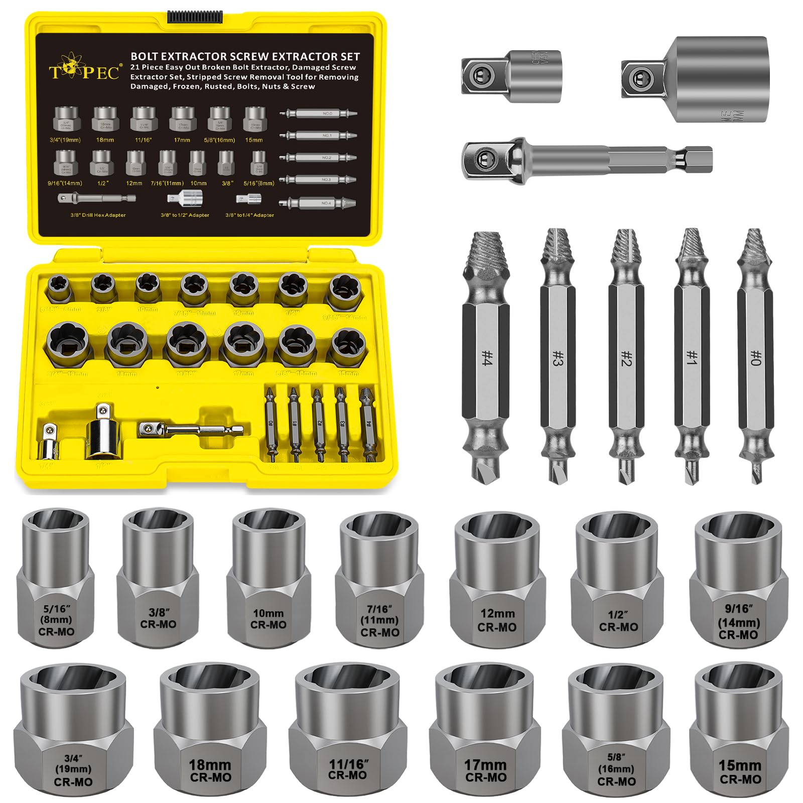 Topec 2-IN-1 Bolt & Screw Extractor Kit, 21PCS Easy