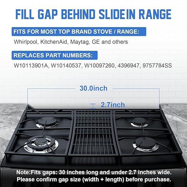 30″ SLIDE-IN RANGE REAR FILLER KIT W10113901A, STOVE GAP UNIVERSAL TRIANGULAR FILLER STRIP, COOKTOP TRIM KIT BETWEEN STOVE AND BACKSPLASH FOR WHIRLPOOL & MOST BRAND, DURABLE ALUMINUM, BLACK