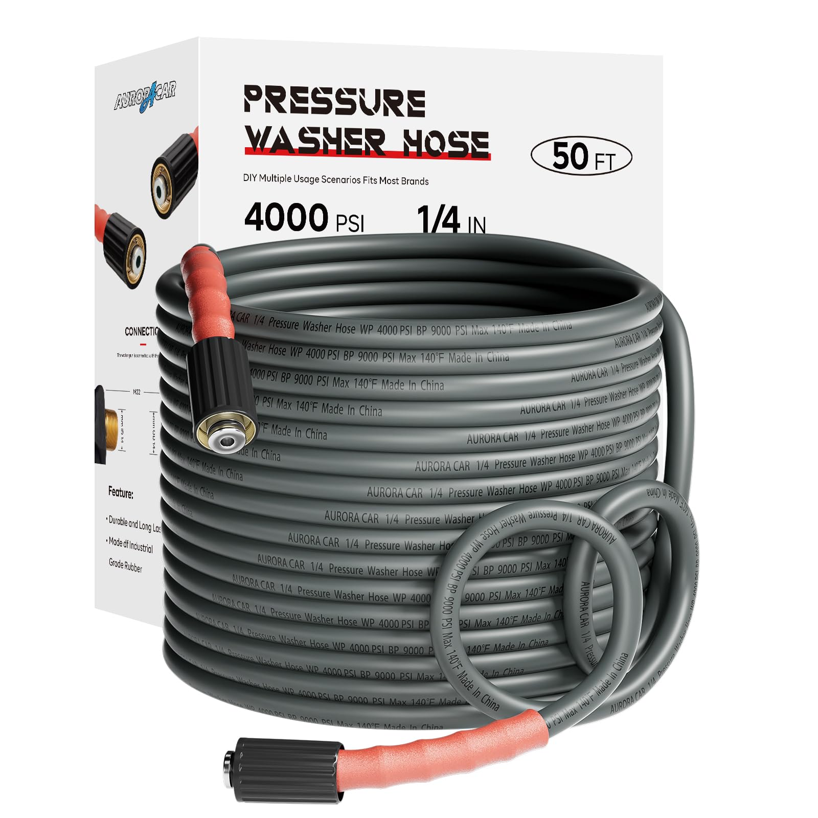 Photo 1 of AURORA CAR Pressure Washer Hose 50FT 1/4", Kink Resistant Power Washer Hose Compatible with M22 Fittings, Replacement For Most Brand Pressure Washers, 4000 PSI, Grey