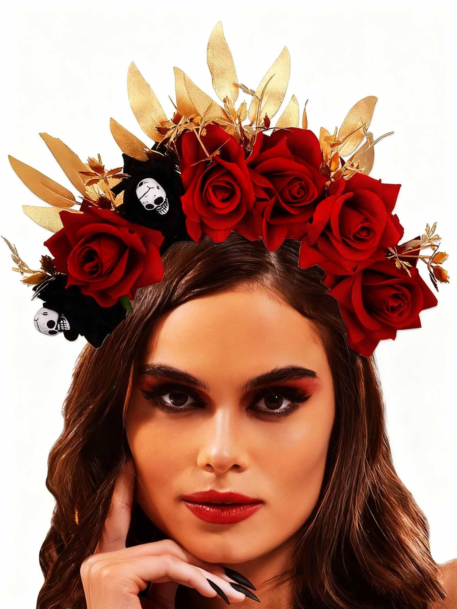 IYOU Halloween Headband Red Flower Hair Bands Skull Leaf Festival Hair Accessories for Women