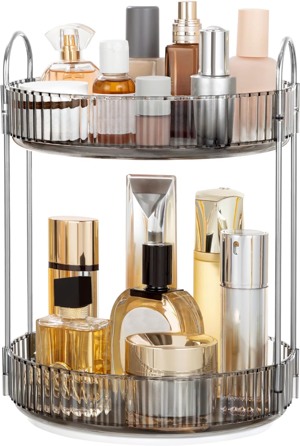 Photo 1 of Vorey 360 Rotating Makeup Organizer Countertop 2 Tier Bathroom Organizer Spinning Perfume Organizers Skincare Organizers Makeup Carousel with Silver Handle Cosmetic Brush Storage, Clear Gray