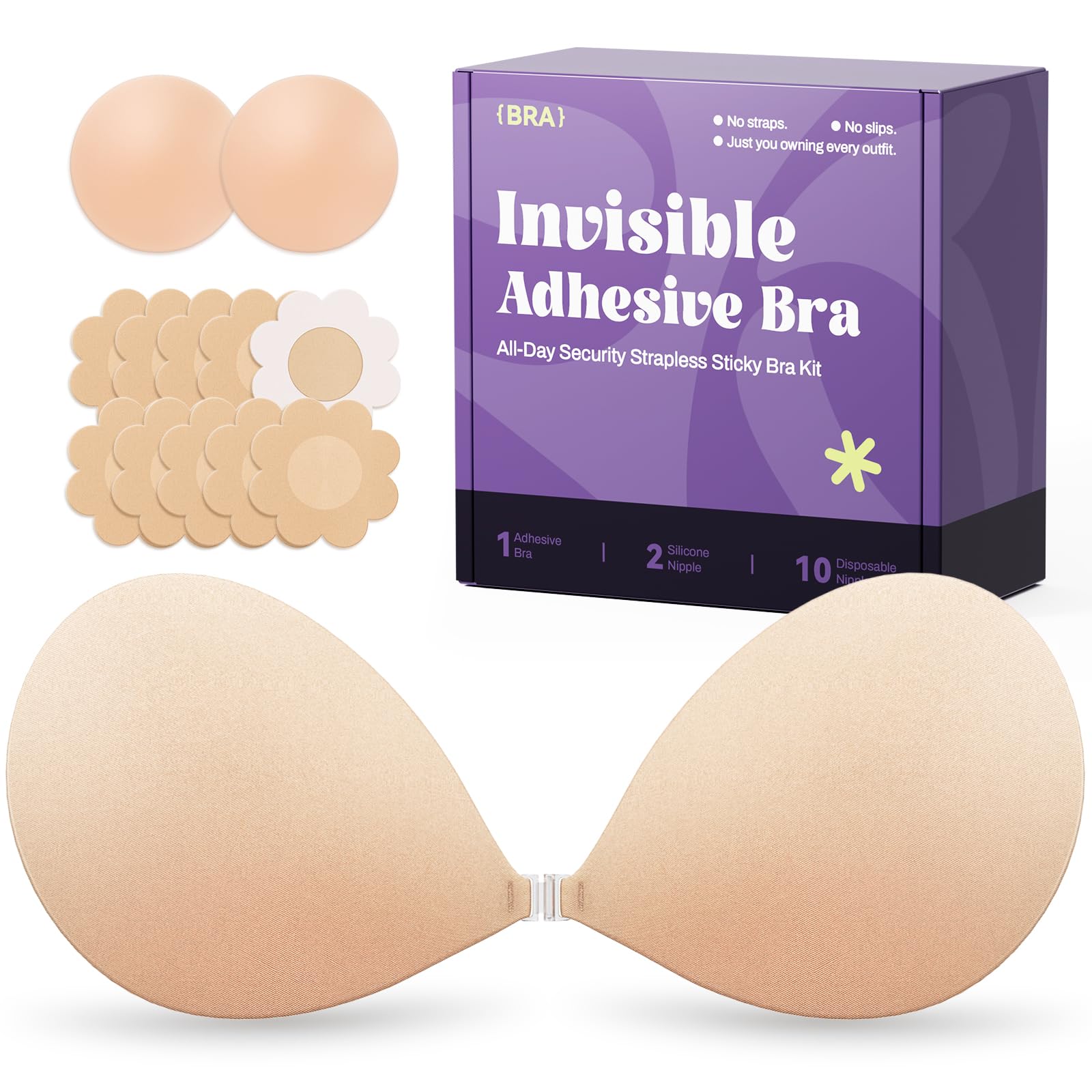 Photo 1 of Secret Walk Invisible Strapless Sticky Bra Push up for Women, Ultra Adhesive Bra for Backless Dress, Cleavage Bra Lift with Pasties Kit (D Cup, Beige)