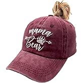 LOKIDVE Mama Bear Ponytail Hat Embroidered Messy High Bun Distressed Baseball Cap