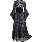 LUNARA Women Witch Cosplay Lace Dress Medieval Gothic Costume | Halloween with Costume Dress, 2 in1, Gothic Skulls Bell Sleeves Medieval Renaissance Corset Dress, Lace Overlay Long Dress.