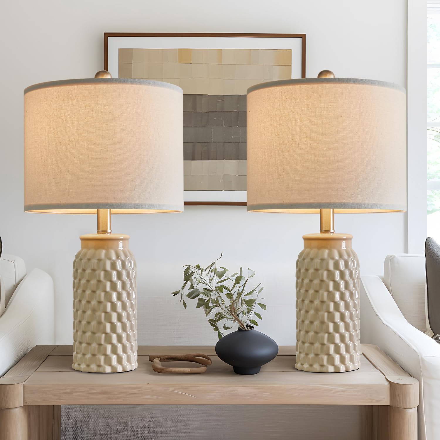 Photo 1 of USumkky 20.5" Modern Ceramic Bedside Lamp Set of 2 for Bedroom Decor Farmhouse Table Lamp for Living Room Office Dorm