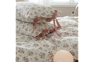 Pink Flower Pillowcases Set Cotton Kids Girls Floral Pillow Shams with Elegant Bow Ties Vintage Floral Bedding Pillow Covers 