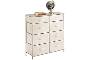 mDesign 35.3" High Steel Frame/Wood Top Storage Dresser Furniture Unit, 8 Removable Slim Fabric Drawers - Tall Bureau Organizer for Bedroom, Living Room, Closet - Lido Collection, Cream/Gold