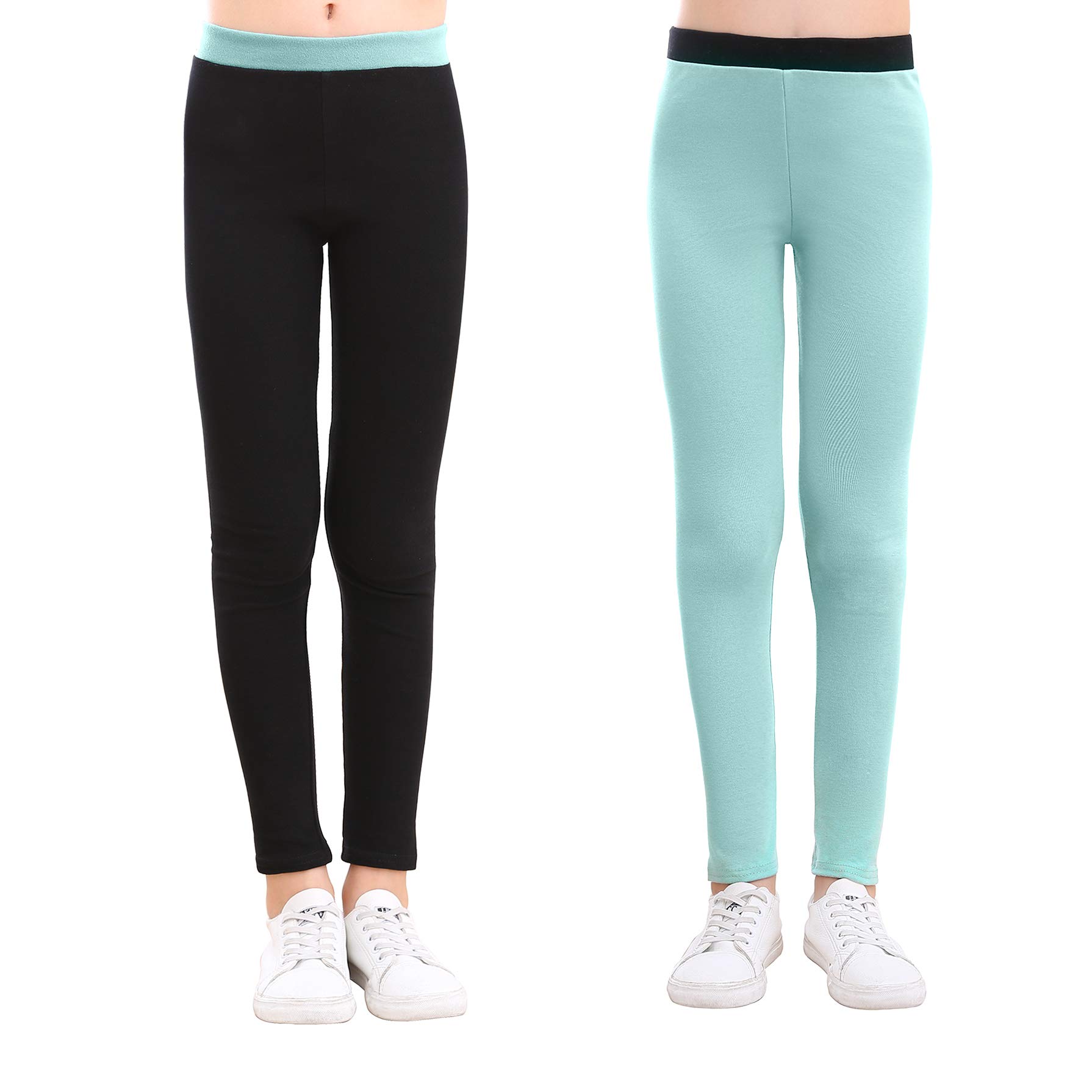 slaixiu Cotton Ankle Length Girls Leggings Stretchy Kids Pants 3-12y(GP04_Black&Green_110)