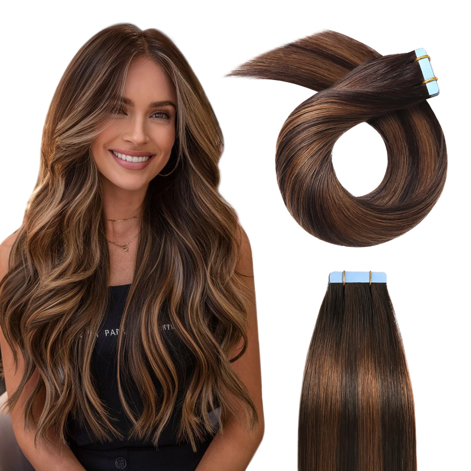 YILITE Tape Hair Extensions Real Human Hair 16 inch Tape in Hair Extensions Balayage Darkest Brown Highlighted Chestnut Brown Remy Straight For Thin Hair 20pcs 40g/Pack #T2/P2/6 — image 1