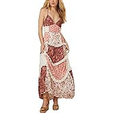 ebossy Womens Lace Patchwork Floral Maxi Dress Spaghetti Strap Sexy Backless Ruffle Tiered Boho Beach Sundresses